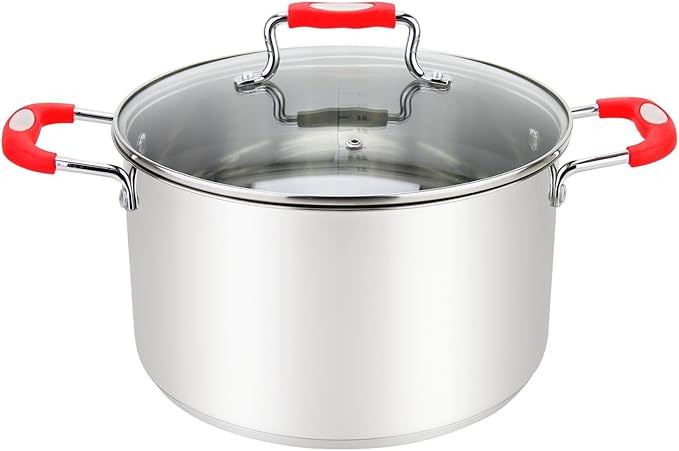 Stock Pot, 8.4 Quart Stainless Steel, Large StockPot With Clear Glass Lid, Steam Hole, Permanent Measurement Markings, Gas, Electric and Induction Compatible Boiling Pot