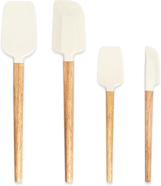 Silicone Spatula Set, 4 Piece Food Grade Rubber Spatula Nonstick Off-White Wooden Spatula, Spoonula, Jar Scraper for Cooking, Baking, Mixing, Frosting - Heat Resistant Up to 600°F（Dishwasher Safe ）
