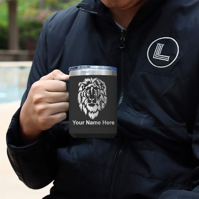 LaserGram 15oz Vacuum Insulated Coffee Mug, Tiki Statue, Personalized Engraving Included (Black)