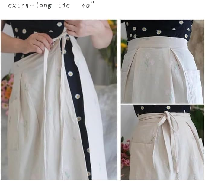 Cotton Long Bistro Half Apron for Woman, Big Pockets, Embroidered Flower, Extra Long Waist Ties, Cook Chore Waitress
