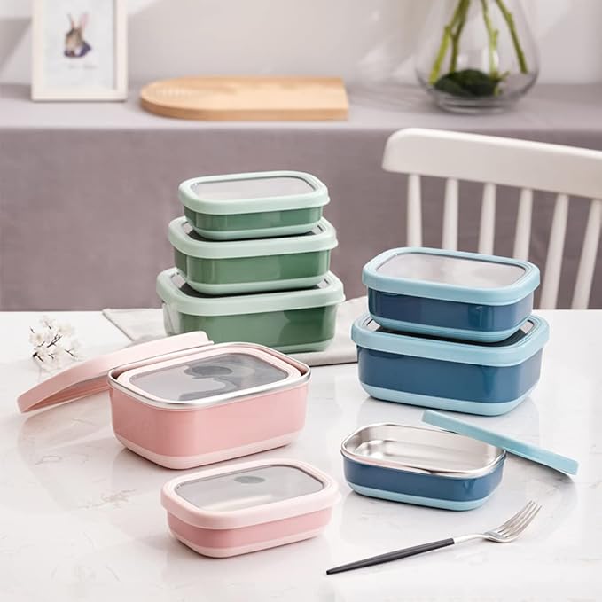 Lille Home Leak Proof Stainless Steel Lunch Snack Containers Set - Ideal for Educational Settings and Daycare - Nesting Trio with Silicone Lids - 47oz+30oz+16oz - Dark Pink