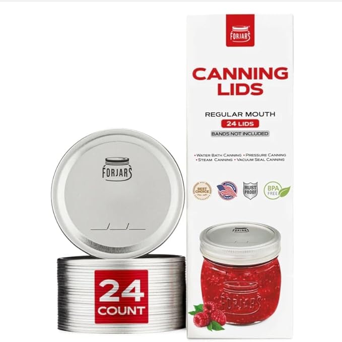 FORJARS - Canning Lids Regular Mouth, 24-Pack – Create Airtight Seals on Mason Jars to Preserve Food for Meal Prep & Food Storage – 2.7 In. Steel Lids with Silicone Seals – Canning Supplies
