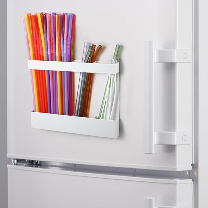 Picowe Magnetic Straw Holder Organizer, Metal 4-Slot Tumbler Straw Organizer for Fridge & Cabinet Door, Drinking Reusable Straws Dispenser Holds 10+ Straws (White)