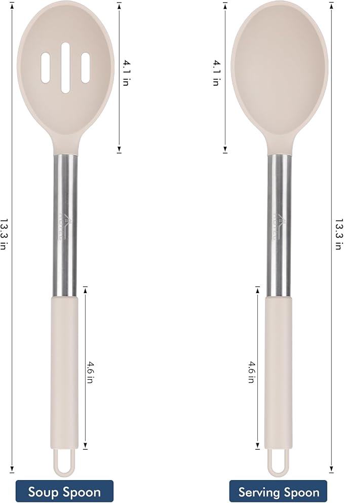 HOTEC Heat Resistant Large Silicone Cooking Spoon, Solid Slotted Spoons, Nonstick Kitchen Cookware Utensils, Mixing, Serving, Stiring Large Spoons, Khaki