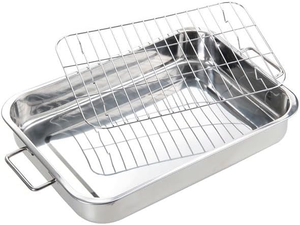 Roasting Pan Stainless steel Roasting pan Turkey Roasting pan with grill Rectangular grill suitable for Turkey, roast chicken and ham (14.2x10.2x2.4inch)
