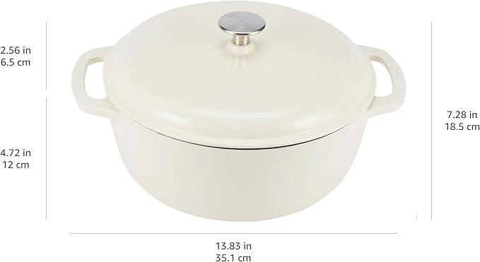 Amazon Basics Cast Iron Dutch Oven Pot with Lid, Enameled, Round, Dual Handles, Heavy-Duty, Medium, 6-Quart, White