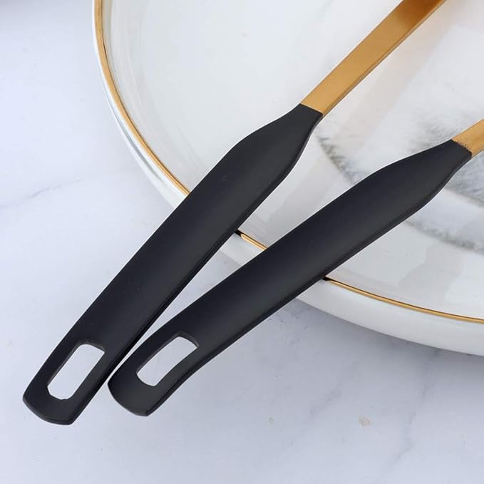 Buyer Star 2 Pcs Soup Ladle Colander, Gold Black Cookware Serving Long Handle Steel Slotted Spoon Cooking Utensil Set for Hotpot