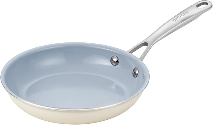 20CM Ceramic Frying Pan with Stainless Steel Handle - Perfect Non Stick Frying Pans for Steak & Non Stick Cooking-Ceramic Pans Frying Pan Trendy Kitchen Essential for Young Chefs(Cream White)