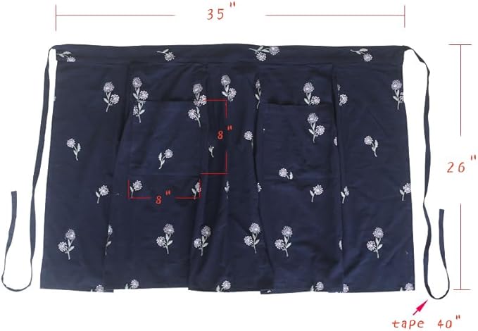 Cotton Long Bistro Half Apron for Woman, Big Pockets, Embroidered Flower, Extra Long Waist Ties, Cook Chore Waitress