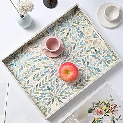 I-LAN Creative Rectangular Mother of Pearl Shell Severing Tray Lacquer Wooden Decorative Tray Handmade Shell Serving Tray with Handles and 2 Inch Wall, 18”Large Green Inlay Nacre Ottoman Tray (45cm)