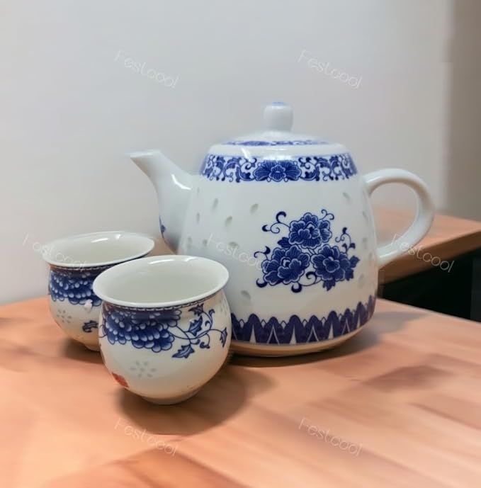 Large Teapot Blue and White Porcelain Tea Pot 6 Cup Store 56 Ounce China, Coffee Pot