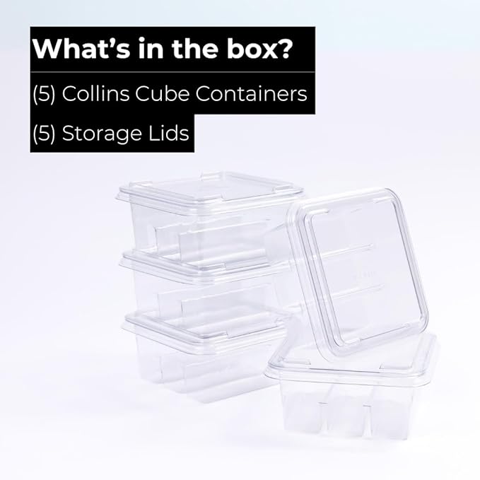 Collins Cube Storage Container (5 pk) - Craft Ice Storage Containers with Lids | Easily Stack and Store in Freezer | Compact and Robust | Keeps Cubes Fresh and Clear