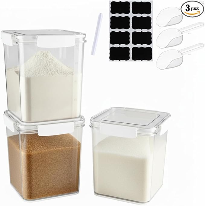 Plastic Containers With Lids for Food, 3Pcs Airtight Food Storage Containers for Pantry, Flour and Sugar Containers Set, BPA Free Clear Stackable Kitchen Storage Bins for Home,Pantry