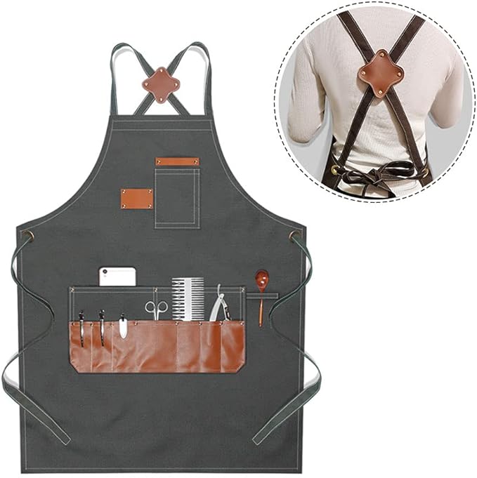 boshiho Barber Shop Apron with Pockets Arist Painting Beauty Salon Aprons for Women/Men Utility Work Apron (Canvas Grey)