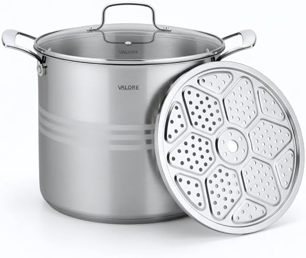 Valore 16 qt Stainless Steel Stock Pot with Lid & Canning Rack - 5-ply Soup Pot with Brushed Stainless Finish & Riveted Handles