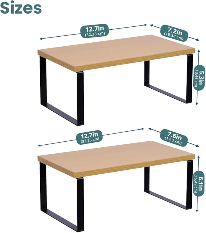 Sben Cabinet Organizer Shelf, Set of 2 Kitchen Counter Shelves, Kitchen Storage, Spice Rack, Stackable, Expandable, Metal and Engineered Wood, Ink Black and Natural Beige