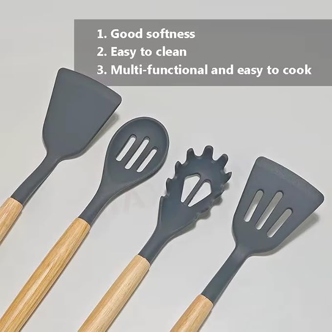 Premium Kitchen Utensil Set - 12 pcs - Silicone and Wood Cooking Tools