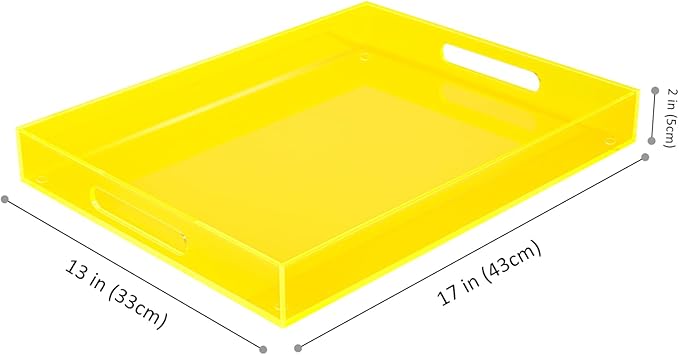 Large Acrylic Tray Ottoman Coffee Table Tray with Handles 17x13'' Decorative Serving Platter for Food Tea Dinner Snack Eating Bar Party, Neon Yellow