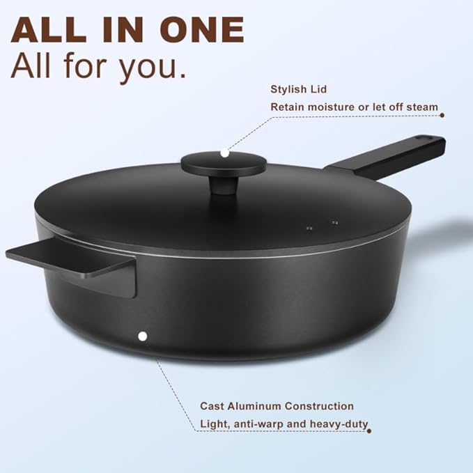 11 Inch All in One Pan with Lid Ceramic Nonstick and 9.5 Inch Circle Pan,Multifunctional Pan Sets for Vertasile Cooking (Black)