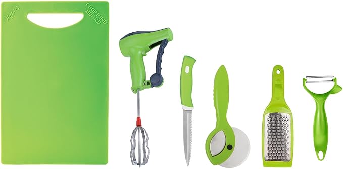 Anjali 6-Piece Multipurpose Kitchen Tool Set – Chopping Board, Cheese Grater, Peeler, 9.4" Utility Knife, Pizza Cutter & Manual Hand Blender | All-in-One Food Prep Kit for Home Kitchen
