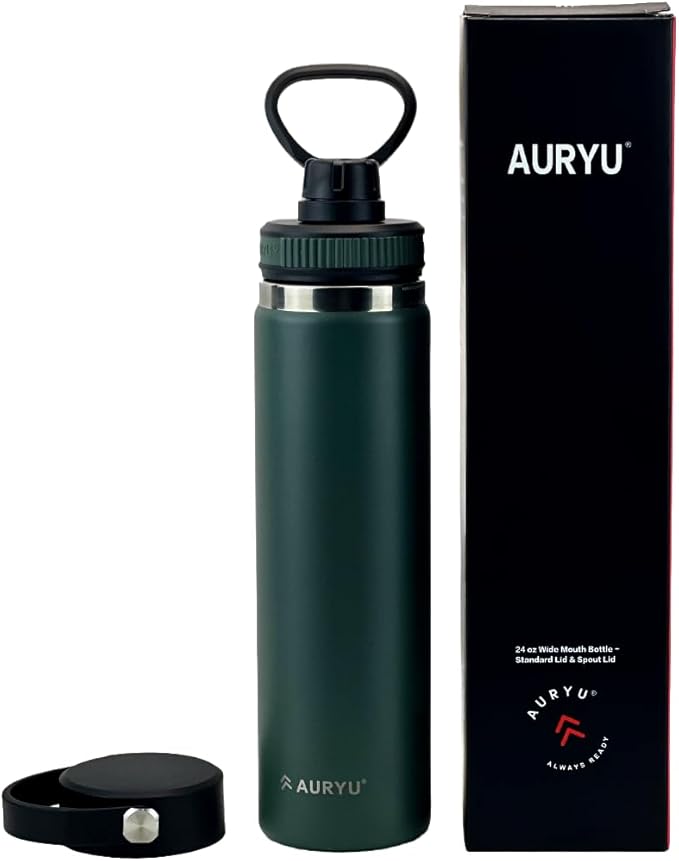 Olive Green 24oz Triple-Wall Stainless Steel Water Bottle – Wide Mouth, Leak Proof Thermos with Bonus Spout Lid – BPA-Free Flask for Gym, Hiking, Travel, Hot & Cold Drinks