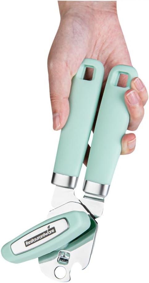 Restaurantware Comfy Grip 7.6 x 1.9 x 2.1 Inch Can Opener 1 Durable Manual Can Opener - Sharp Wheel Blade Grip Handle Mint Green Stainless Steel Hand-Held Can Opener Built-In Bottle Opener