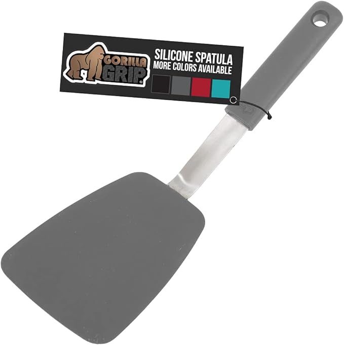 GORILLA GRIP Food Grade Flexible Silicone Spatula, Heat Resistant Head for Nonstick Frying Pan, Patented Soft Rubber Handle for Comfort, Non-Scratch Kitchen Turner, Flip Eggs Burgers, 11.6 in, Gray