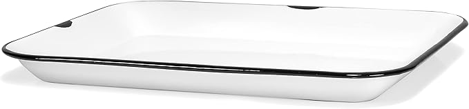 Red Co. 13.5” x 10” Enamelware Metal Classic 1.6-Quart Rectangular Serving Tray, Distressed White/Black Rim