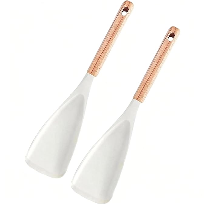Cedarwood and ash wood spatula, multi-purpose cooking spoon with heat-resistant silicone, wooden handle, suitable for non-stick cookware, ergonomic grip (2-piece set in white)