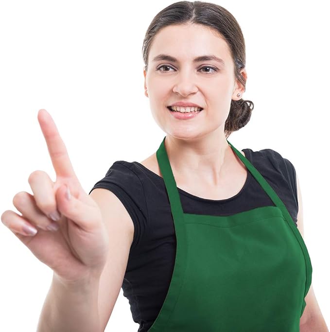 Total 6PCS Green Plain Color Bib Apron for Adult Women Unisex Durable Comfortable with 2 Front Pockets Washable Aprons for Chef Cooking Baking Kitchen Restaurant Crafting