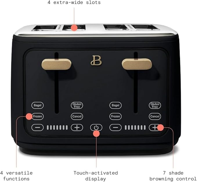 Beautiful 4 Slices Toaster - 7 Shade Settings, Touch Display, Extra-Wide Slots for Bagels, Gluten-Free & Frozen Presets, LED Countdown, Removable Crumb Tray, 1800-watt toasting system- Black Sesame