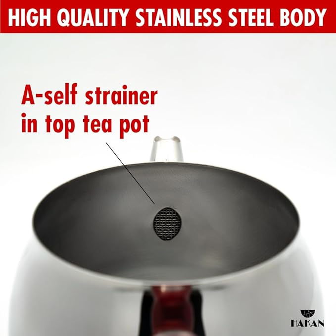Hakan Stainless Steel 3.2 L, 107 Oz, Maxi Double Bondy Tea Pot Set with Self Strainer Double Lids, Turkish Samovar Style Teapot Set, Tea Kettle for Loose Leaf Tea with Red Bakelite Handle 3.3-Quart
