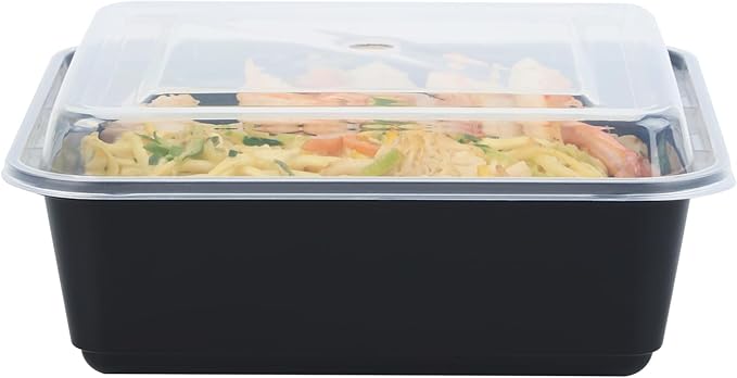 Restaurantware Take Out Containers 100 Pack of 32 oz with Clear Lids Microwave-Safe Disposable Plastic Food Storage Containers Stackable Greaseproof Black Meal Prep Square Single Compartment