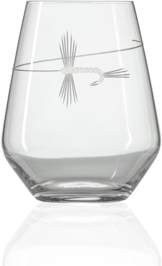Rolf Glass | Fly Fishing Stemless Wine Tumbler 18 ounce | Stemless Wine Glasses | Set of 2 | Lead-Free Glass | Engraved Tumbler Glasses | Made in the US