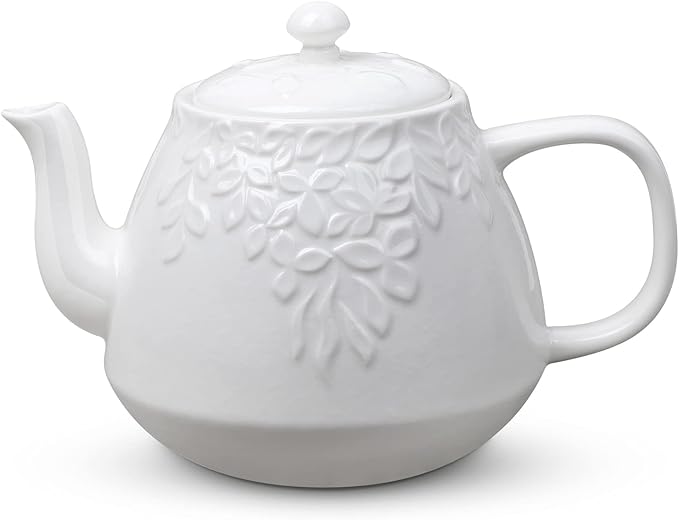 Toptier Leaf Teapot, Porcelain Tea Pot with Stainless Steel Infuser, Blooming & Loose Leaf Ceramic Teapot, 37 Ounce, White
