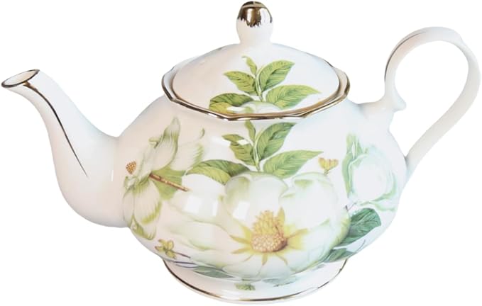 22oz Floral Ceramic Teapot (Suitable for 1 to 3 people) – Vintage Gold Rim Tea Pot for Loose Leaf, Blooming Tea & Coffee, Elegant Teapot for Tea Party, Flower Design (White Camellia)