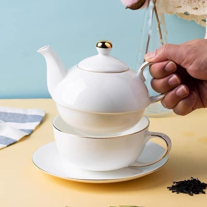 YBK Tech Ceramic Tea for One Set, 12oz Teapot and 8.2oz Cup with Saucer (White)