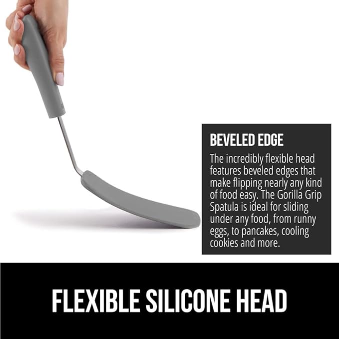 GORILLA GRIP Food Grade Flexible Silicone Spatula, 2 Pack, Heat Resistant Head for Nonstick Frying Pan, Patented Soft Rubber Handle for Comfort, Non-Scratch Kitchen Turner, Flip Eggs, 11.6 in, Gray