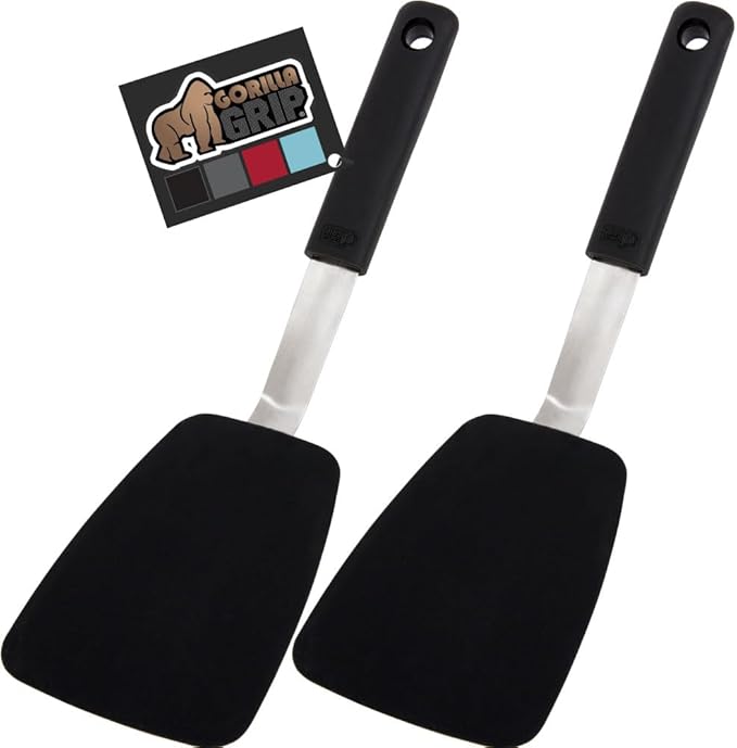 GORILLA GRIP Food Grade Flexible Silicone Spatula, 2 Pack, Heat Resistant Head for Nonstick Frying Pan, Patented Soft Rubber Handle for Comfort, Non-Scratch Kitchen Turner, Flip Eggs, 11.6 in, Black