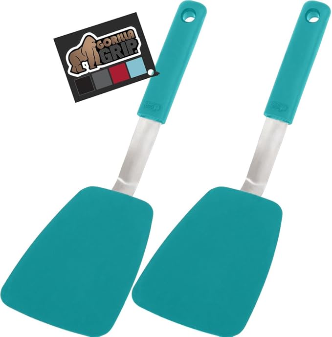 GORILLA GRIP Food Grade Flexible Silicone Spatula, 2 PK, Heat Resistant Head for Nonstick Frying Pan, Patented Soft Rubber Handle for Comfort, Non-Scratch Kitchen Turner, Flip Eggs, 11.6 in, Turquoise