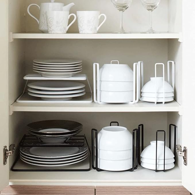 Dinnerware Bowl Plate Holder Fit for 6.5 Inches Diameters Bowl, Metal Bowl Storage Dying Display Rack for Kitchen Drawer, Countertop, Cabinet, Shelf, Cupboard (White, Small 4PCS)