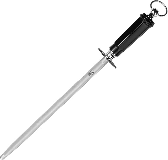 MITSUMOTO SAKARI 12 inch Japanese Honing Steel - Round Diamond Knife Sharpening Rod, Professional High Carbon Sharpener with ABS Handle & Powerful Magnet