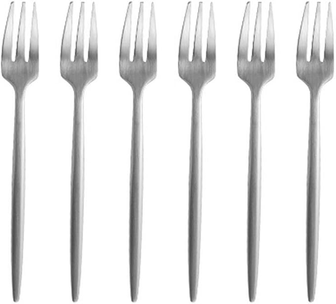 Silver 18/10 Stainles Steel Cake Forks Set 3 Tines Fruit Salad Fork, Slim Cutlery for Kitchen Hotel Restaurant Wedding Party, Matte Finish, Dishwasher Safe, Pack of 6