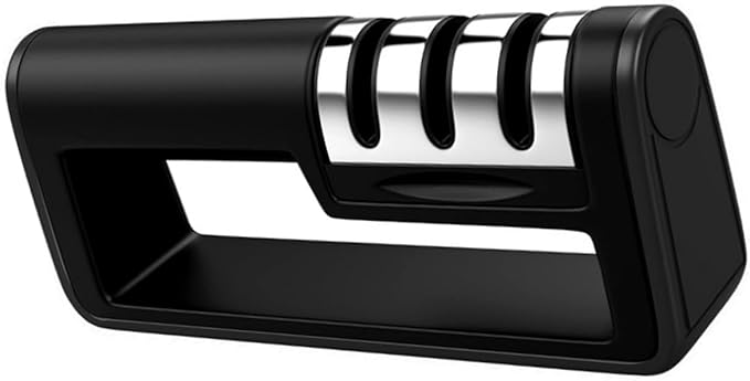 4-in-1 Knife Sharpener for Kitchen Knives, Professional Manual Pull Through Sharpener with Diamond Abrasive & Ceramic Hone, Quickly Sharpens Dull Blades, Serrated Knives & Scissors – Non-Slip Base