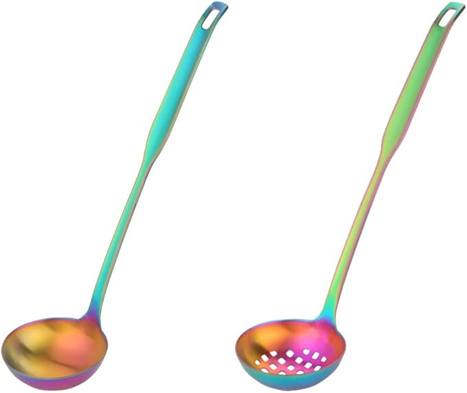 Buyer Star 2 Pcs Soup Ladle Colander, rainbow Cookware Serving Long Handle Steel Slotted Spoon Cooking Utensil Set for Hotpot