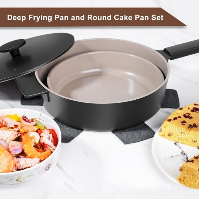 11 Inch All in One Pan with Lid Ceramic Nonstick and 9.5 Inch Circle Pan,Multifunctional Pan Sets for Vertasile Cooking (Black)