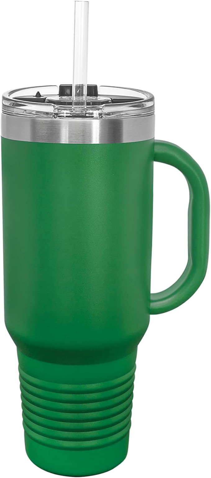 LaserGram 40oz Vacuum Insulated Travel Mug with Handle, Tiki Statue, Personalized Engraving Included (Green)