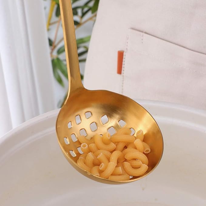 Buyer Star 2 Pcs Soup Ladle Colander, Gold Cookware Serving Long Handle Steel Slotted Spoon Cooking Utensil Set for Hotpot