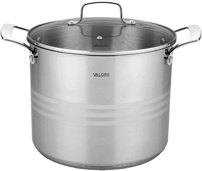 Valore 12 Qt Stainless Steel Stock Pot with Glass Lid – 5-Ply Soup Pot for Cooking & Canning – Heavy-Duty Large Cooking Pot with Brushed Stainless Finish & Riveted Handles