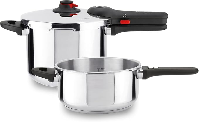 Magefesa EasyClick Stainless Steel Pressure Cooker Set, 4.2 & 6.3 Quarts – Easy One-Hand Opening, 2 Cooking Modes, Works on All Stovetops